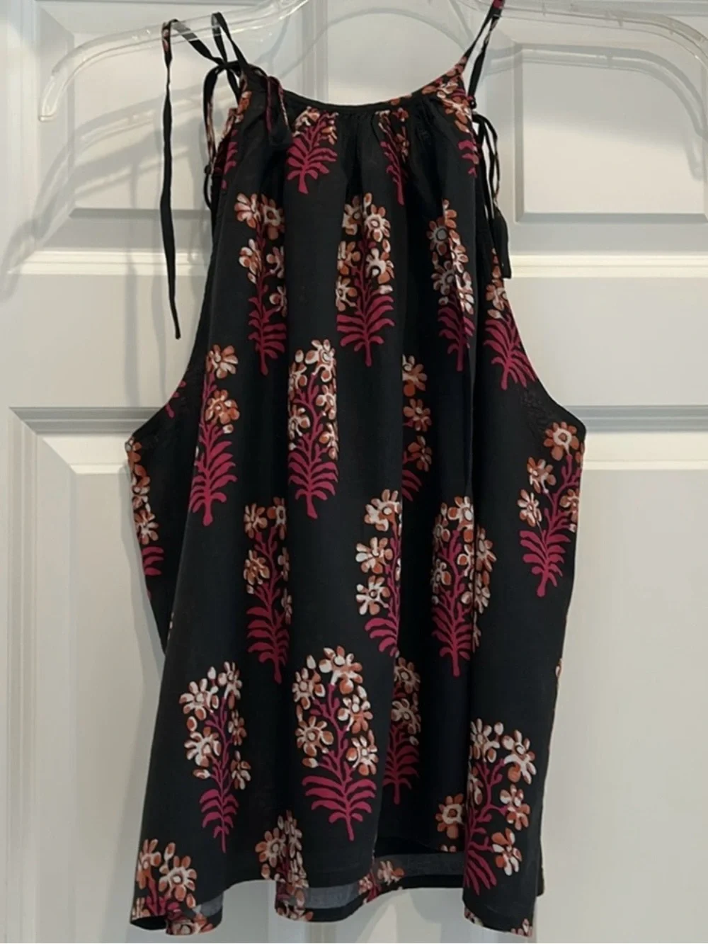J. CREW NWT Tie-shoulder tank top in black block-print cotton size L